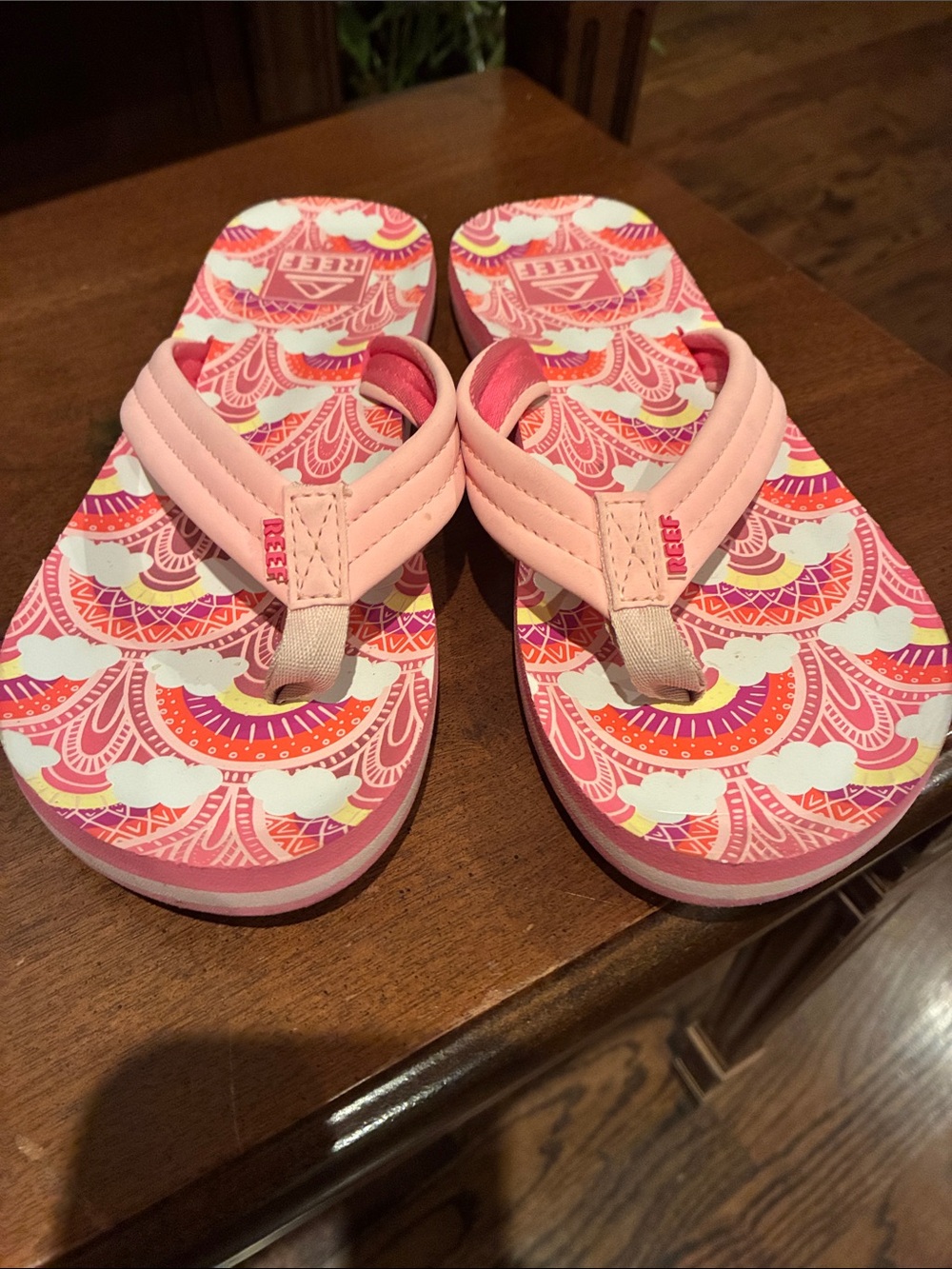 Reef Kids Pink Patterned Flip Flops with Multicolor Footbed